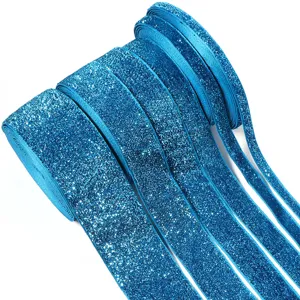 Close-up detail of blue glitter elastic ribbon, perfect for DIY crafts and gift box wrapping.