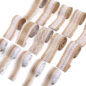 Natural burlap ribbon with white lace trim for DIY crafts wedding gift wrapping decor