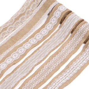 Jute burlap ribbon roll with white lace trim for handmade crafts, wedding decor and gift wrap.