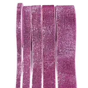 Pink glitter velvet ribbon rolls in various widths for DIY crafts, gift wrapping and party decor.