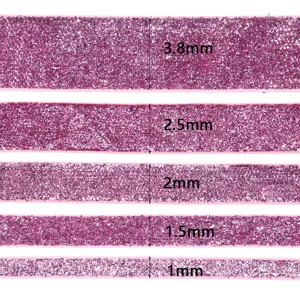 Glitter velvet ribbon detail showing multiple widths from 1mm to 3.8mm for DIY crafts.