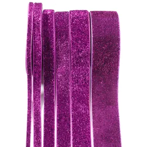 Purple glitter velvet ribbon trim detail showcasing various widths for DIY crafts and decor.
