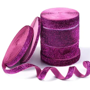 Glitter elastic ribbon trim detail close-up, shiny metallic fabric band for sewing craft diy.