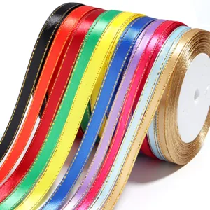 Colorful polyester ribbon with metallic gold edge for gift wrapping, DIY bows and crafts.