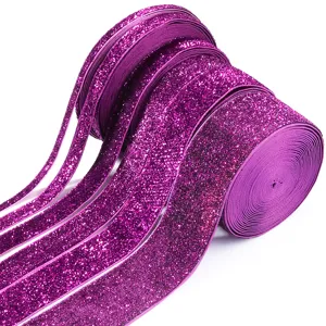 Close-up view of purple glitter elastic ribbon, sparkly folding elastic band for DIY crafts.