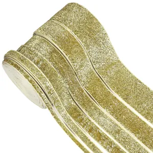 Gold glitter ribbon roll for DIY crafts, gift wrapping, and party decoration supplies.