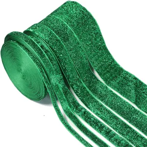 Green glitter elastic ribbon detail, sparkling velvet trim for DIY crafts and gift wrapping.