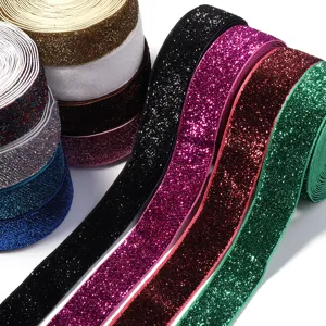 Colorful single-sided glitter velvet ribbon for DIY apparel, bows, and gift box decoration.