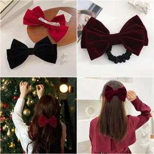 Elegante set di mollette e cravatte per capelli con fiocco in velluto, accessori vintage donna.