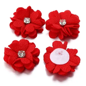 Red fabric flower rhinestone patch details, handmade DIY hair accessory trim for clothes hats bags.