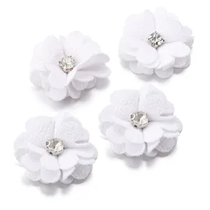 White fabric rhinestone flower accessories for DIY crafts hair decoration 4 pieces pack