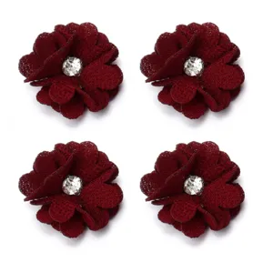 Red linen rhinestone flower patch DIY hair accessories clothing bags craft supplies 4pcs