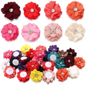 Handmade Linen Fabric Flower Patch Rhinestone Core Four Petal Ribbon Craft Accessories For Headwear Clothing Shoe Decoration