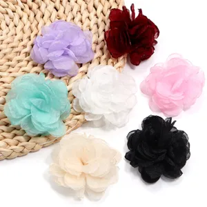 Chiffon organza burned-edge camellia flower patches for DIY hair accessories and apparel crafts.