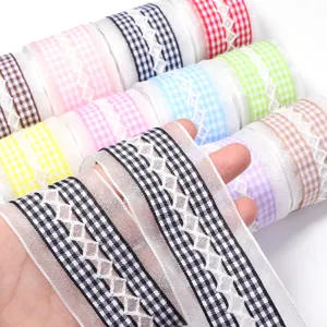 Polyester gingham lace ribbon for gift wrapping, floral packaging, and DIY hair bows.