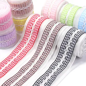 Polyester plaid lace ribbon detail shot, colorful checkered webbing for DIY bows and gift wrapping.