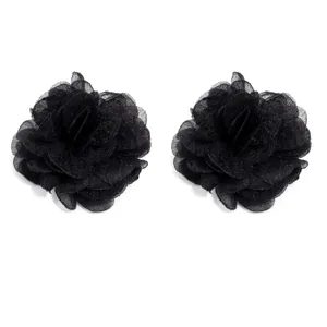 Black organza camellia fabric flowers for hair accessories, DIY crafts, and clothing decor.
