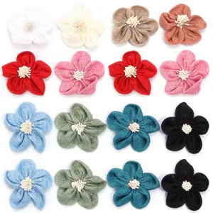 Handmade burlap five-petal flowers with white stamens DIY craft accessories for clothing bags.
