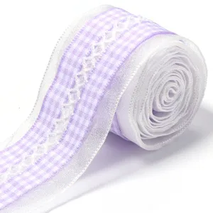 Polyester plaid lace trim ribbon for gift wrapping, DIY bows, and hair accessories.