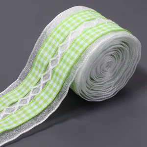 Polyester green gingham lace ribbon for gift box packaging, floral wrapping and DIY bows.