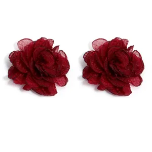 Chiffon organza burnt edge camellia flower detail, dark red DIY hair accessory material.