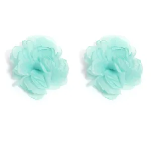Light blue chiffon organza burnt-edge camellia flower DIY hair clip accessory detail.