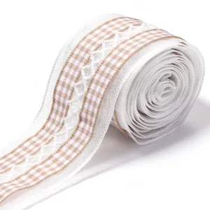 Polyester checkered lace edge ribbon detail, perfect for gift box packaging and DIY bows.