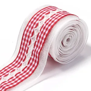 Red white checkered ribbon with lace embroidery for gift box packaging and DIY craft.