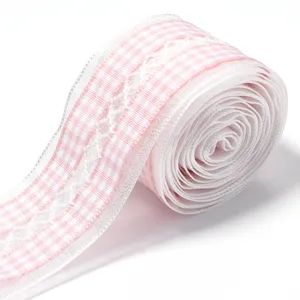 Pink checkered lace ribbon trim for gift wrapping, floral boxes, DIY bows, and hair accessories.