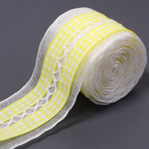 Yellow white checkered lace ribbon trim polyester fabric roll for gift wrapping DIY crafts