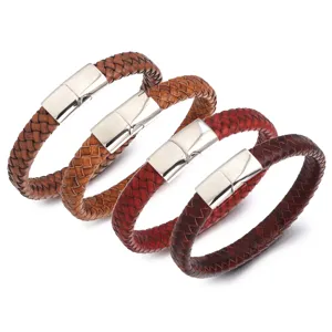 Echte lederen gevlochten armband met roestvrijstalen magnetische sluiting voor heren en dames.
