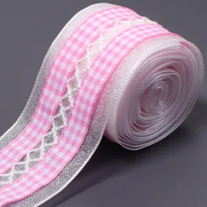 Pink gingham lace ribbon roll, sheer mesh trim for gift wrapping, DIY bows and hair accessories.