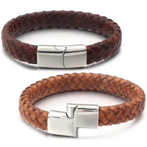 Stijlvolle gevlochten echt lederen armband met een roestvrijstalen sluiting voor mode.