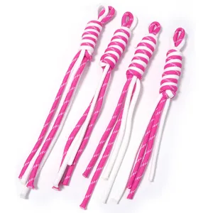 Closeup of pink and white handmade woven DIY rope accessories, perfect for phone charms and bag decor.