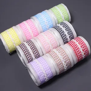 Close up of colorful checkered lace ribbons rolls, perfect for gift wrapping and DIY crafts.