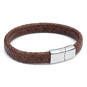 Bruin echt lederen gevlochten armband voor heren met gepolijste RVS magnetische sluiting