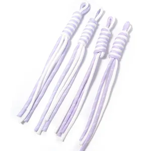 Detailed view of handmade woven purple white colorblock lanyard strap for DIY crafts keychains.