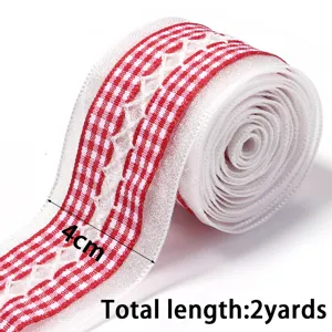 Polyester gingham lace ribbon red white check trim for DIY bow gift wrapping 2 yards 4cm