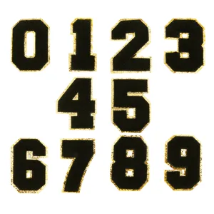 Toppe numeri college ciniglia nero e glitter oro da stirare per vestiti fai da te decoro