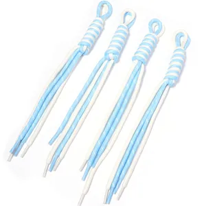 Detailed view of blue and white braided DIY lanyards, perfect for phone charms and keychains.