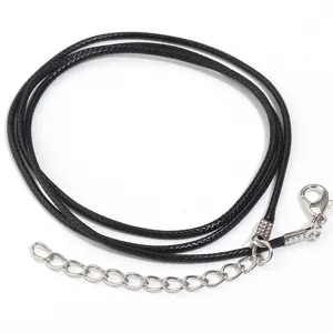 Black braided leather cord necklace rope with lobster clasp and extension chain for DIY jewelry.