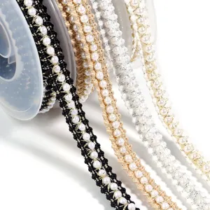 Elegant Polyester Braided Lace Trim Ribbon With Metallic Thread Artificial Pearl Accents For Garment Hat DIY Craft Supply