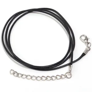 Black waxed cord necklace rope with lobster clasp and extension chain DIY jewelry accessory detail