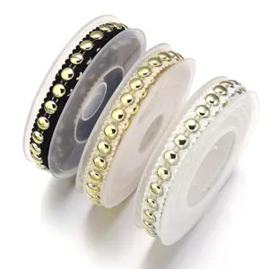 Gold beaded braided trim ribbon spools set, perfect for DIY sewing, crafts and apparel accents.