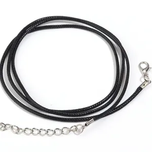Black wax cord necklace rope detail, DIY handmade jewelry accessory with lobster clasp.