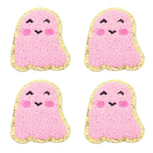 Simpatico toppa ricamata fantasma rosa con bordo glitter oro termoadesivo per vestiti