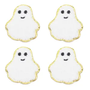 Toppe ricamate fantasma di Halloween con bordo glitterato dorato, perfette per vestiti e borse.