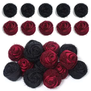 Black and burgundy tweed mesh shimmering rose flower accessories for DIY crafts and brooches.