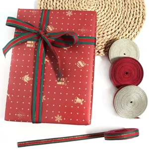 Christmas polyester ribbon for gift wrapping red green striped jacquard webbing decor.