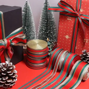 Christmas polyester ribbon red green striped jacquard webbing gift wrapping crafts.